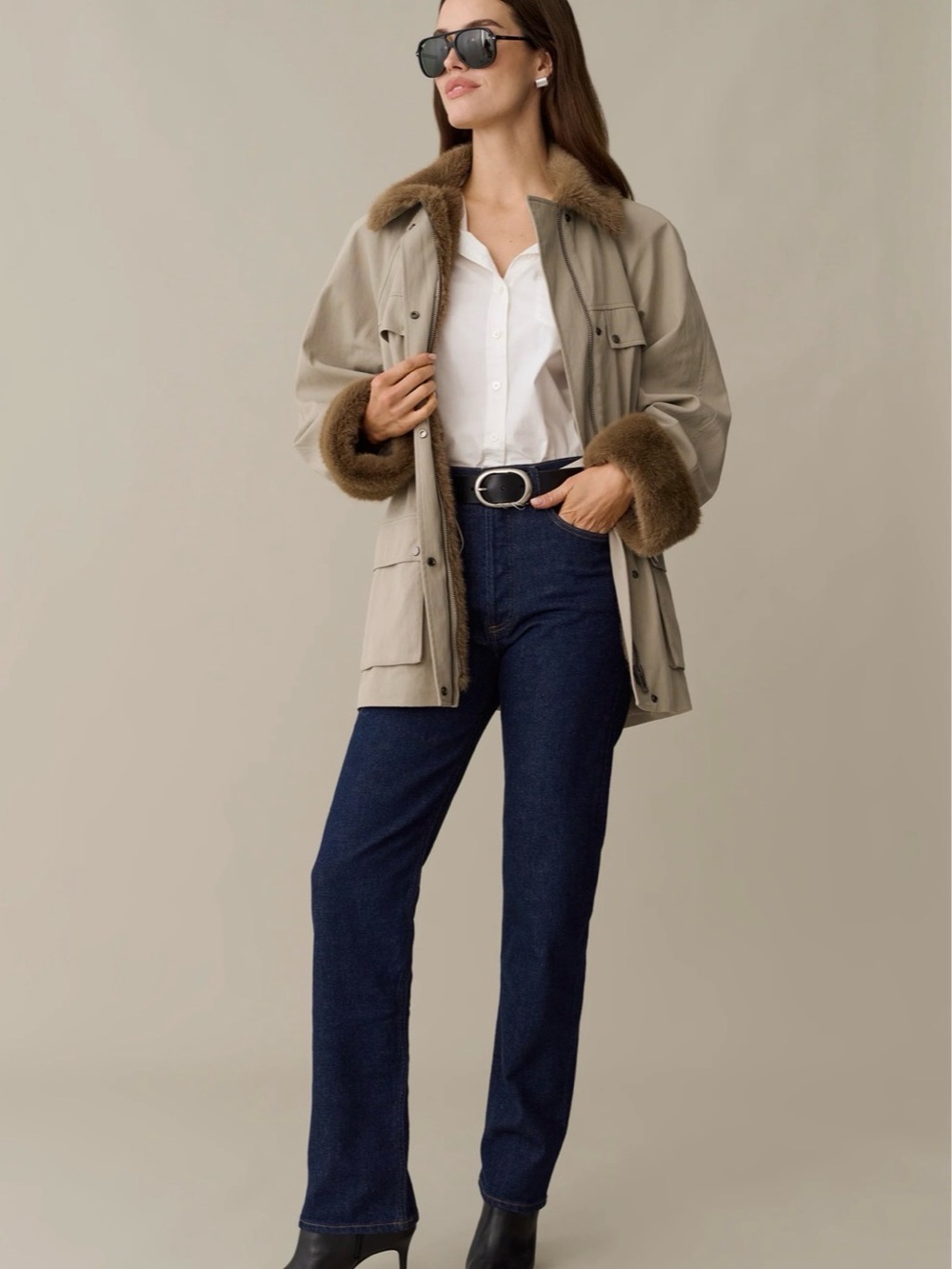 Few Moda CAARA Anges Beige Parka Jacket with Faux Fur Trim